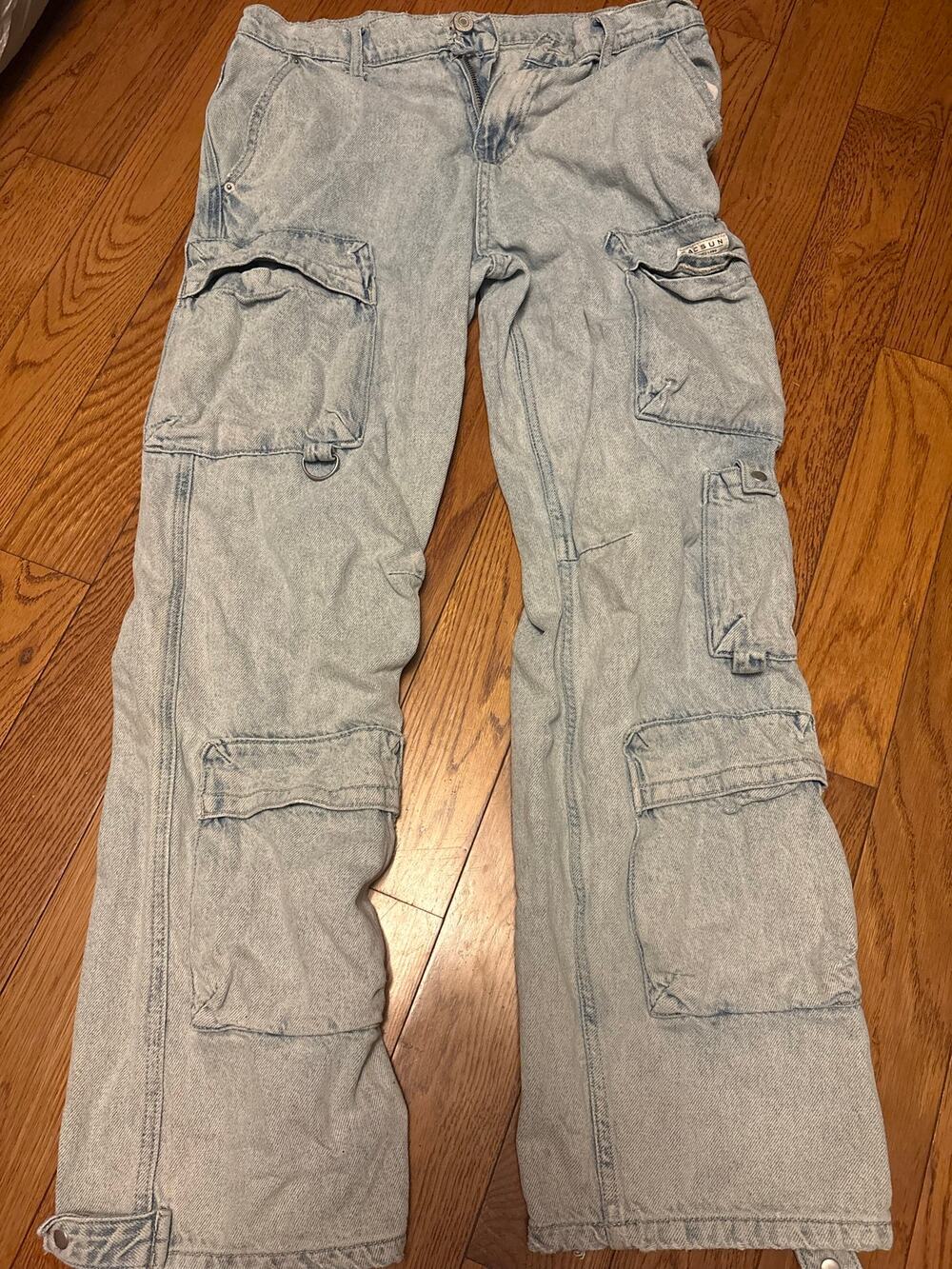 Vintage Y2K Style Light Wash Denim Cargo Pants Baggy Relaxed Fit